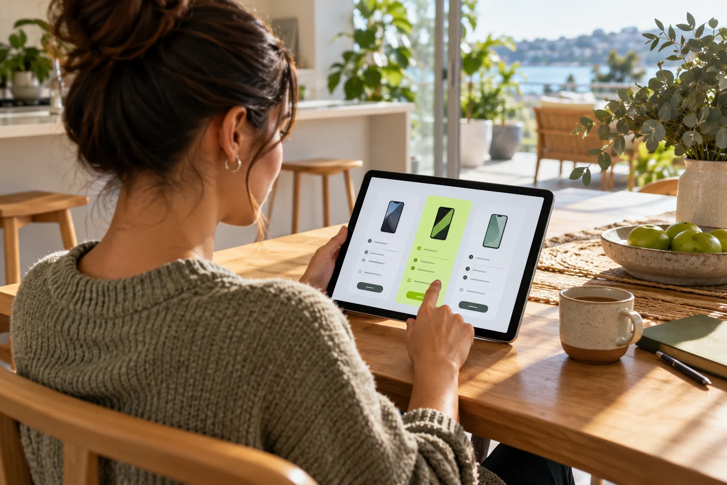 An adult reviewing a phone plan on a tablet