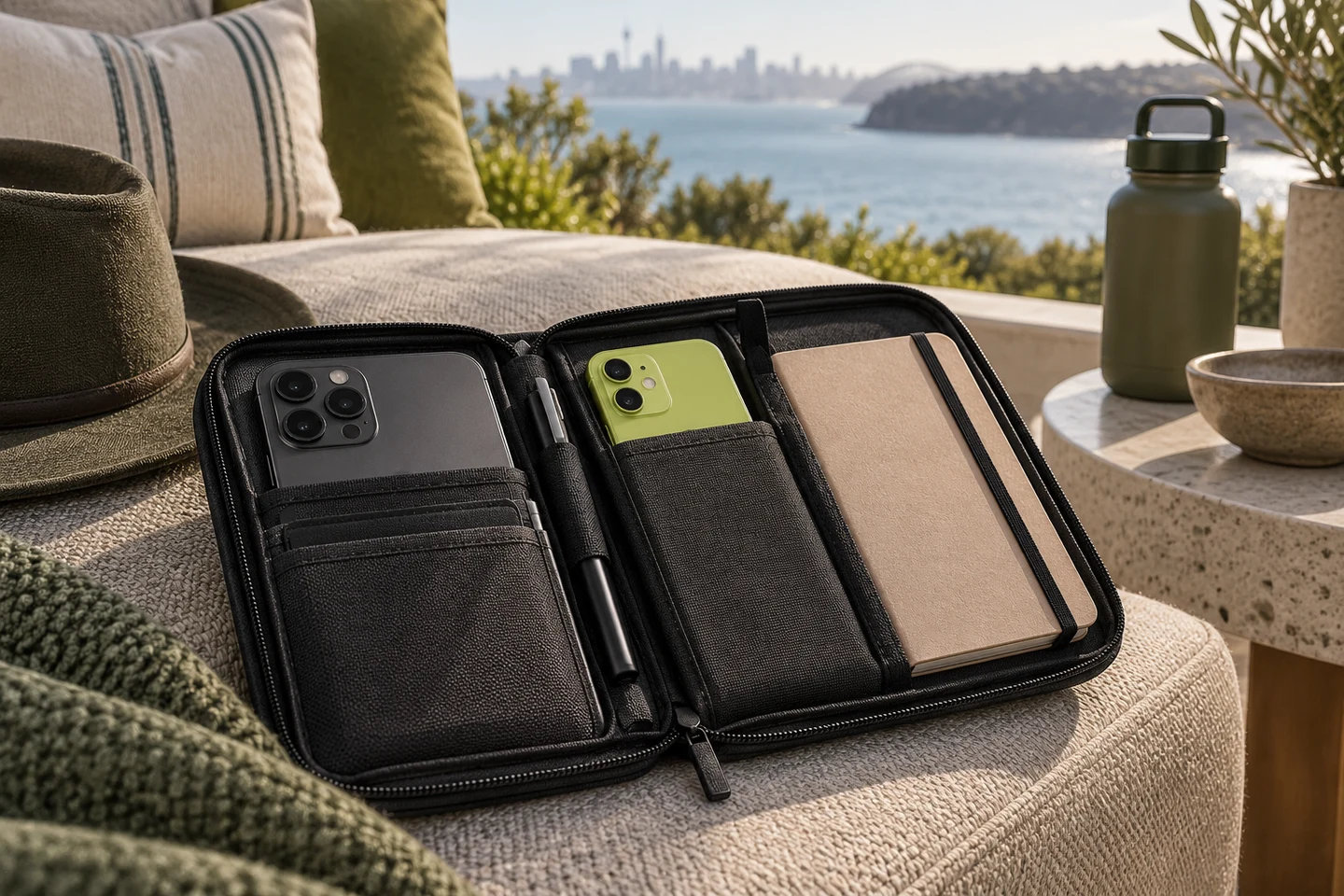 Two phones and a notebook in a dark fabric organiser