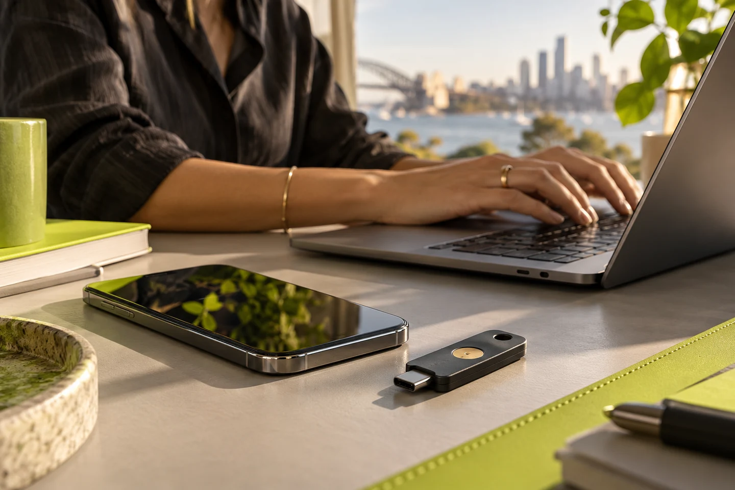 A phone and hardware security key on a lime-accented desk