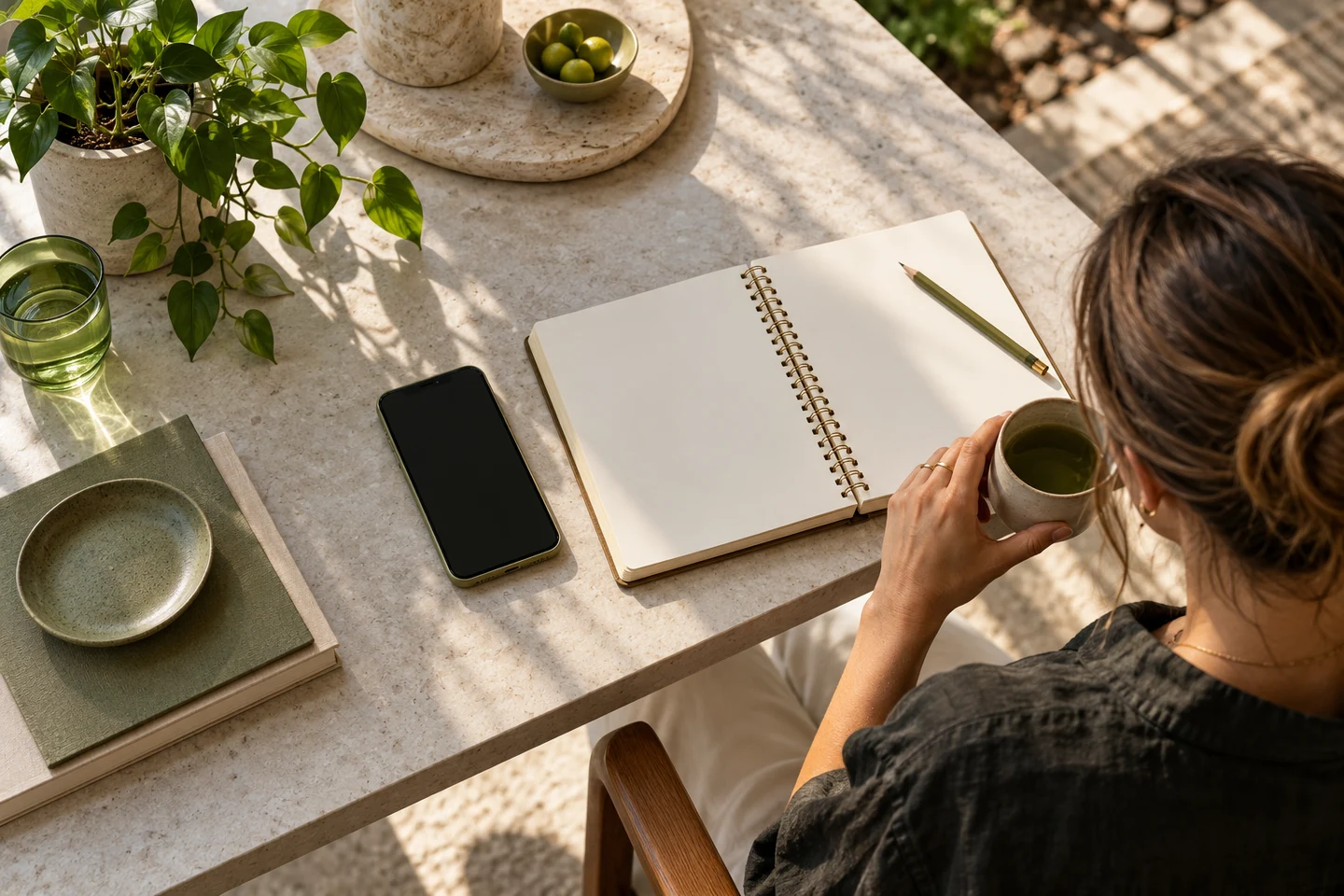A phone beside a calendar and pencil in a quiet workspace
